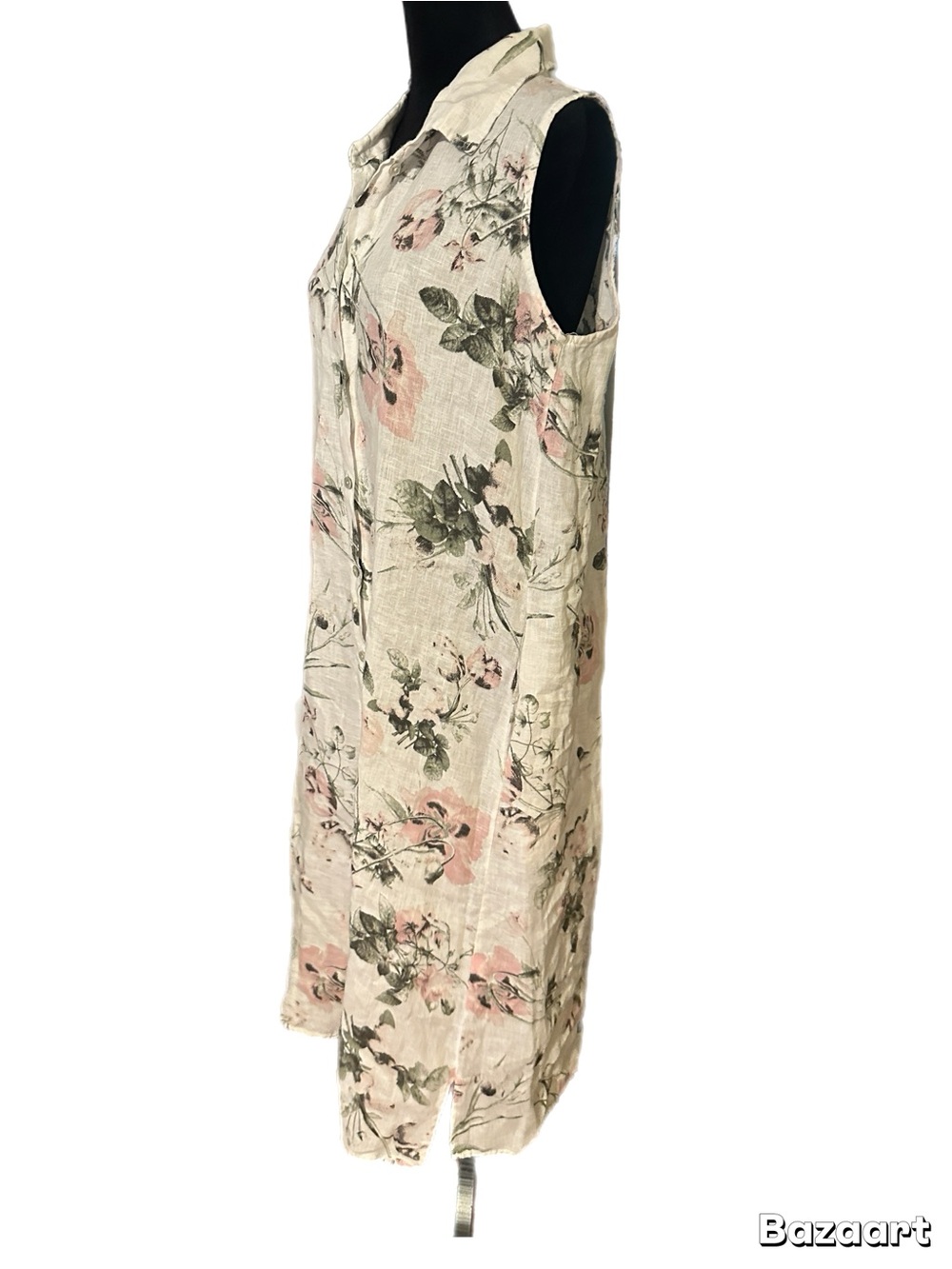 Linen White Sleeveless Midi Dress with Pink Floral Print size M - Picture 2 of 10